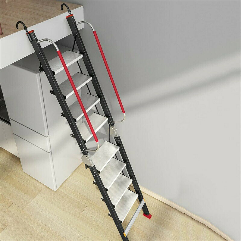 Rakuten - アームレスト付き折りたたみ式屋根裏はしご、2つの取り外し可能なフック付きの高い階段滑り止めゴム足ポータブルヘビーデューティ折りたたみはしご 10 Step Ladder B