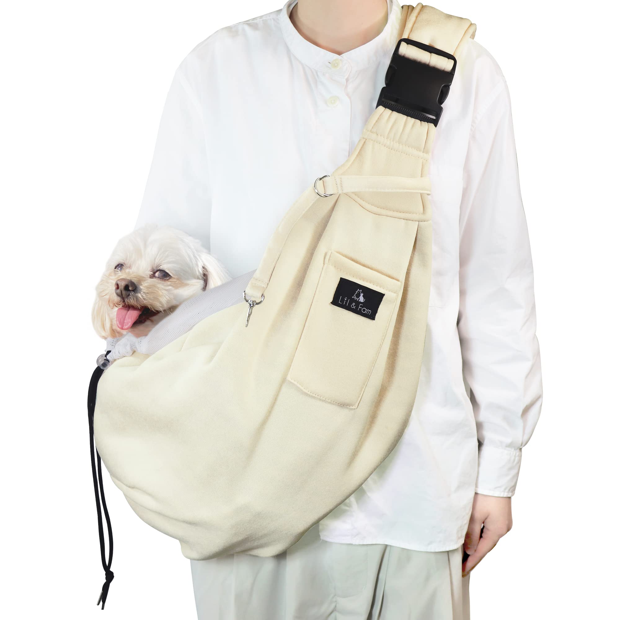 Rakuten - 犬 抱っこ紐 ペットスリング キャリーバッグ ペットバッグ 飛び出し防止 メッシュネット付き 長さ調節可能 猫 キャリー (オフホワイト)