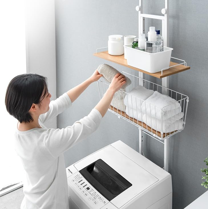 タンスのゲン ランドリーラック 収納棚 幅60cm 突っ張り式 9段 高さ調整 縦型 防水パン対応 カゴ付き スリム 省スペース