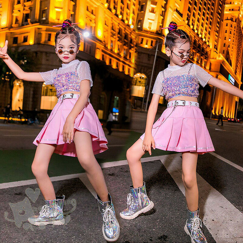 乐天商城 - キッズダンス衣装 ヒップホップ 女の子 HIPHOP 子供服 セットアップ HIPHOP トップス　キラキラ ベスト スカート チアガール ジャズダンス チアガール 応援団 練習着 体操服 発表会 hiphop 演出服 おしゃれ 120-160cm 送料無料