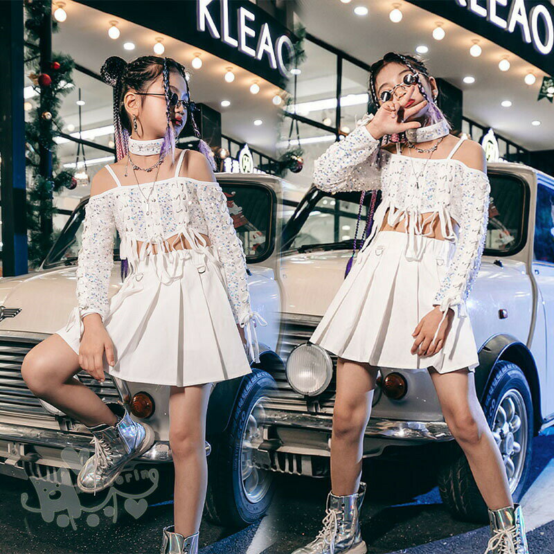Rakuten - ダンス衣装 ヒップホップ 女の子 ホワイト 肩出し トップス 白 スカート へそ出し キッズ ガールズ 女の子 セットアップ 派手 K-POP 韓国 ステージ衣装 応援団 練習着 体操服 発表会 hiphop 演出服 おしゃれ 120-160cm 送料無料