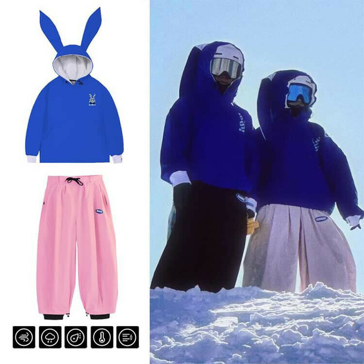 男女兼用 うさ耳付き 可愛い スノーボードウェア スノーボードウェア 裏起毛 防水 上下セット スノボウェア セットアップ プルオーバーパーカー ロングパンツ スキーウェア メンズ レディース 防寒着 ボードウェア スキー スノーボード スノボー スノー ウェア おしゃれ 2