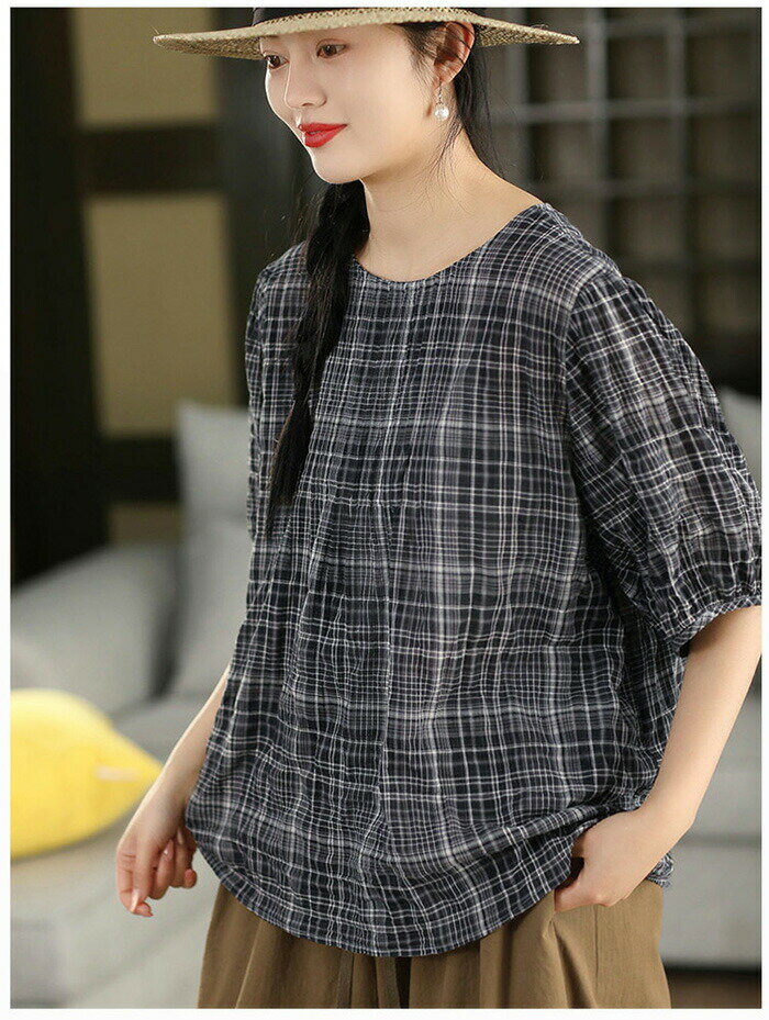 Rakuten - ブラウス レディース 夏 シャツ チェック柄 後ろボタン 綿100 tシャツ シャツブラウス 五分袖 クルーネック プルオーバー チュニック 大きいサイズ コットン カジュアル ゆったり 着痩せ 体型カバー きれいめ 大人可愛い シンプル 春夏 送料無料