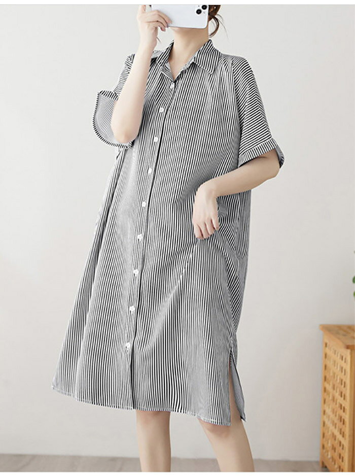 ジャパンSelectのシャツワンピース レディース 夏 ストライプ ロングワンピース ワンピース ロングワンピ ワンピ 半袖 Aライン スタンダードカラー シャツワンピ ミモレ丈 大きいサイズ ゆったり 体型カバー 着痩せ 大人可愛い 柔らか 着痩せ 送料無料｜アングル2