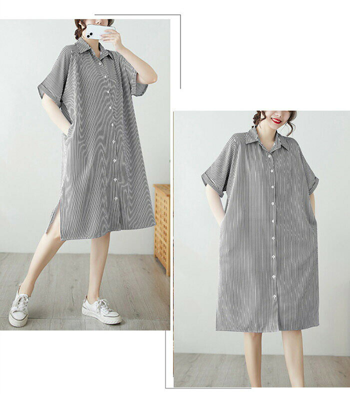 ジャパンSelectのシャツワンピース レディース 夏 ストライプ ロングワンピース ワンピース ロングワンピ ワンピ 半袖 Aライン スタンダードカラー シャツワンピ ミモレ丈 大きいサイズ ゆったり 体型カバー 着痩せ 大人可愛い 柔らか 着痩せ 送料無料｜アングル3