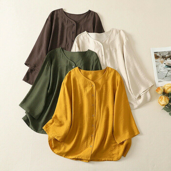 3-Quarter Sleeves - シャツ レディース ブラウス 夏 七分袖 綿麻風 無地 シャツブラウス 前開き 綿 トップス ノーカラー ゆったり ショート丈 インナー 大きいサイズ ゆったり 着?せ カジュアル シンプル 大人 かわいい おしゃれ オフィス エレガント 肌に優しい ベージュ 春夏