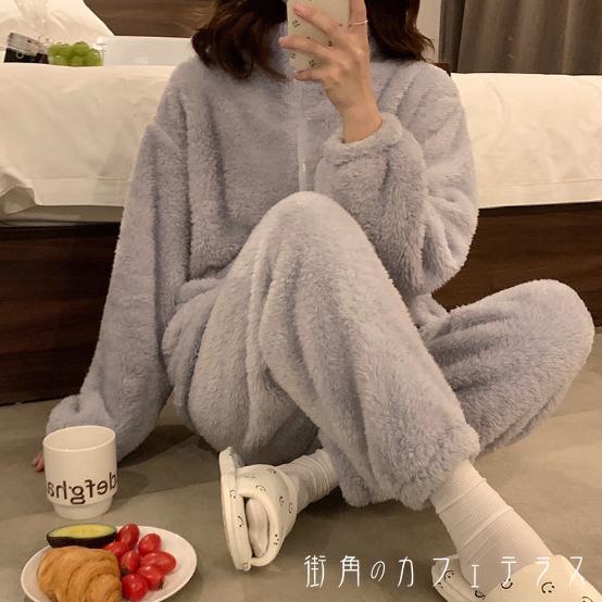 パジャマ3色もこもこ厚手ふわふわ厚手生地フリースナイトウェアルームウェアTシャツパンツボトムロング長袖ハイネックAラインフレア上下セットファスナー可愛い大人可愛いシンプルカジュアルコンサバおしゃれこなれ感ラグジュアリー無地冬