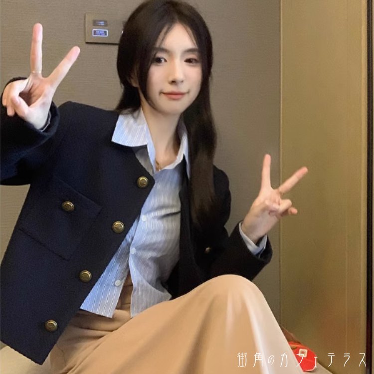 乐天商城 - レディースアウタージャケット羽織ノーカラー襟なしシンプルキレイめ大人かわいい上品ノーブルベーシックマストアイテム重ね着シングル長袖ネイビー紺20代30代40代通勤通学オフィスお出掛け女子会お呼ばれ秋冬