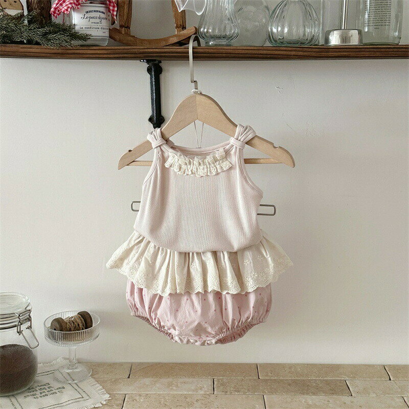 ジャパンSelectの送料無料ベビー夏服トップスキャミソールブルマパンツ女の子キッズ服ノースリーブブルマパンツショートパンツかわいいゆったり保育園無地普段使いお揃いリボン付き通学着学生きれいめカジュアルギフトプレゼント通園通学海外通販｜アングル2