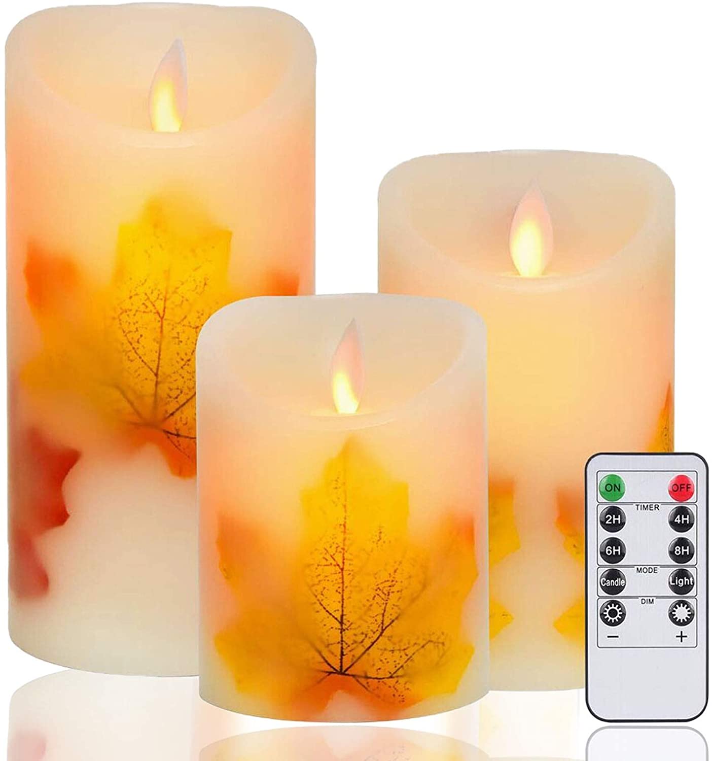 LEDキャンドルライト ロウソク 秋の紅葉 本物の炎のようにゆらめく3点セット 暖色光 火を使わない ゆらゆら揺れる 安全 省エネ 専用リモコン付き 明るさ調整 電池式 LEDライトキャンドル