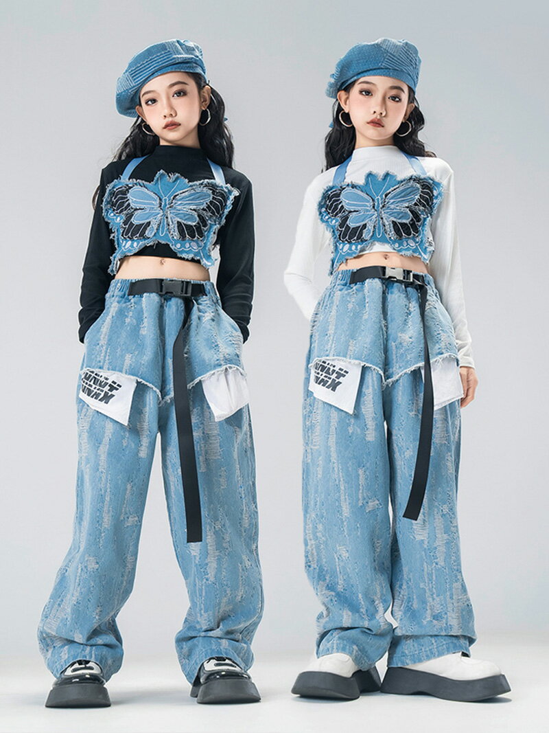 楽天ジャパン商事楽天市場店ダンス衣装 女の子 ストリートダンス公演 ドラムショー セットアップ ガールズ トレンドストリート ダンス ファッション セクシー ジャズダンス衣装 キッズダンス 上下 3点セット 応援団セット 蝶のサスペンダー+綿Tシャツ+キュロット ブラック バラ ホワイト 110-180