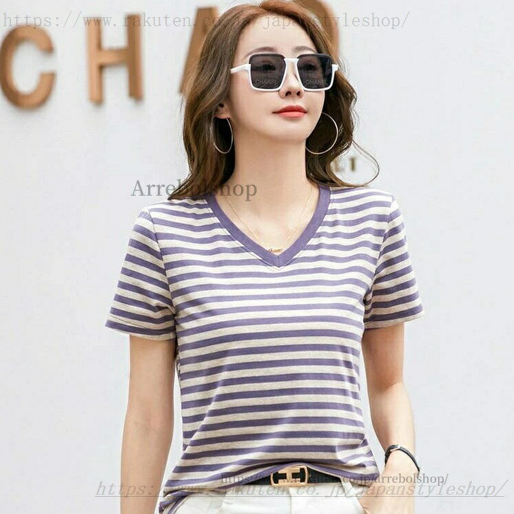 ジャパンスタイルショップのボーダー tシャツ 夏服 レディースvネック カットソー 薄手 半袖 ボーダー ロンT ストレッチ ロンティー 通学 夏 ティーシャツ｜アングル3