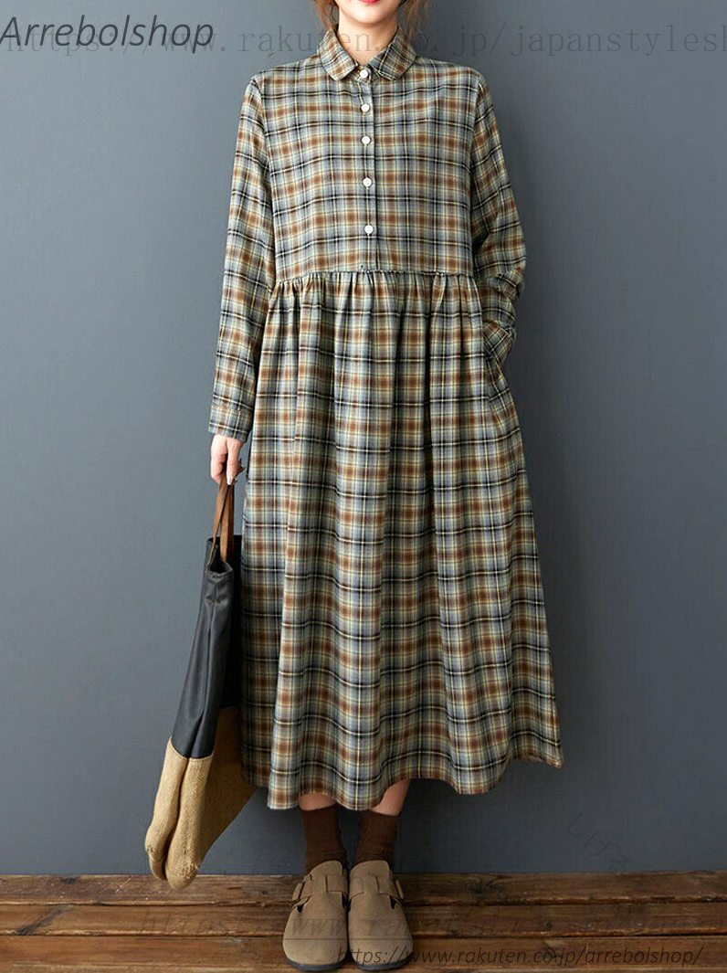 チェック柄 ロングワンピース ロングシャツ 襟付き 長袖 ロング 体型カバー 秋冬 ...
