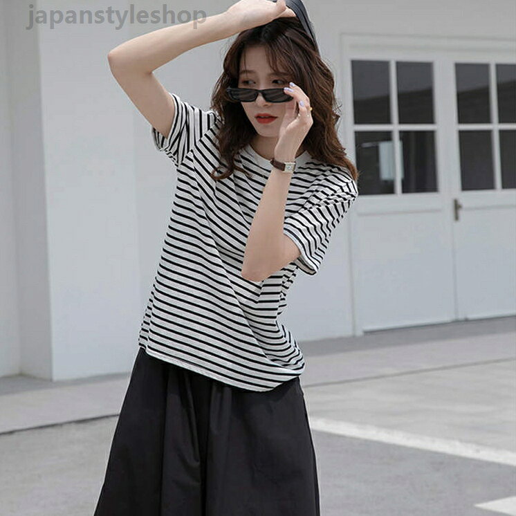 T-Shirts - カジュアル Tシャツ レデイース シンプル 半袖 夏 ラウンドネック フリーサイズ トップス ナチュラル 運動会 文化祭 ストライプ ゆったり ミディアム