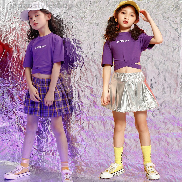 シャツ スカート Tシャツ 子供 女の子 ジュニア ヒップポップ チェック柄 へそ出し ダンスウェア ジャズ チームお揃い 応援団 運動会 チアガール 110~170CM シンプル スポーツ 普段着 カジュアル パープル