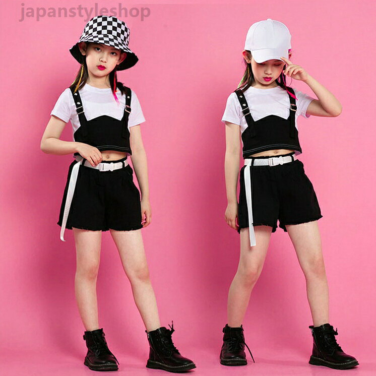 二点セット パンツセット ヒップポップ Tシャツ ブラック フェイク 子供 女の子 へそ出し ダンスウェア ジュニア スポーツ ジャズ 普段着 応援団 チアガール 運動会 カジュアル ジーパン 110~180CM