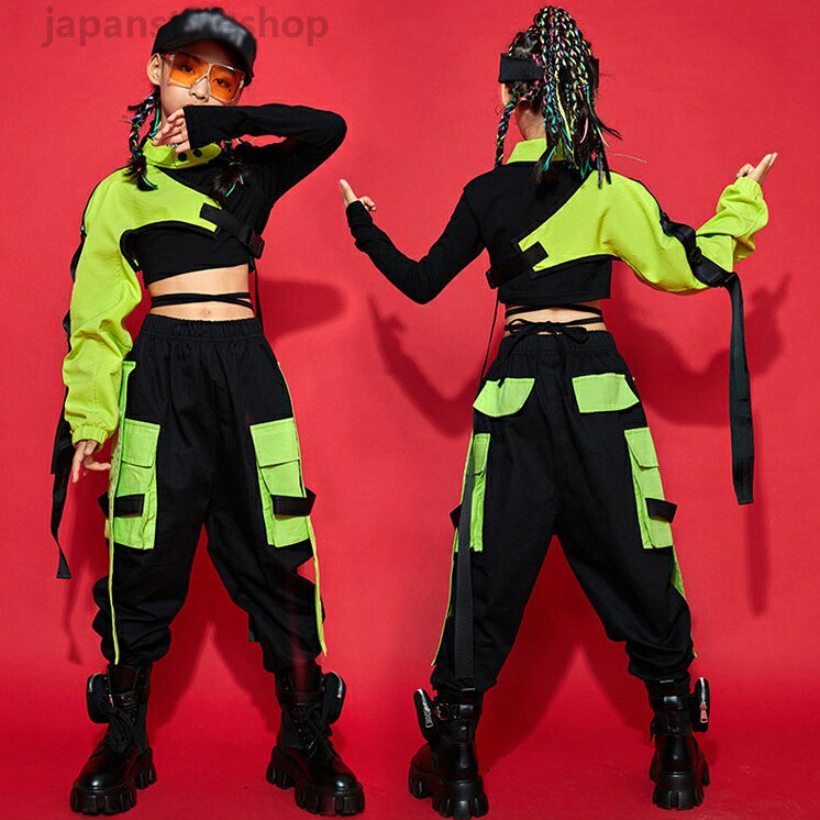 三点セット 黒シャツ 長パンツ グリーンスリーブ キッズダンス 衣装 長袖 ヒップホップ ダンス ダンス衣装 女の子 韓国風 普段着 ダンスウェア ジュニア 応援団 ジャズ かっこいい 派手 へそ出し 110~170cm