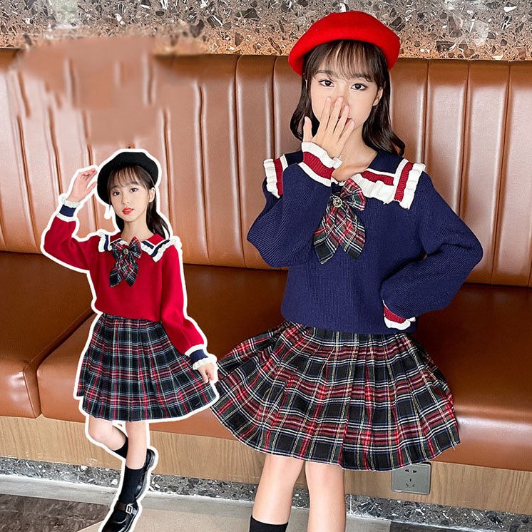 Top & Bottom Sets - セットアップ 二点セット セーター+チェックスカート レッド ネイビー 蝶結び 襟付き 春秋 きれいめ 子供服 おしゃれ キッズ カジュアル 結婚式 女の子 洋装 お出かけ 120-170 可愛い パーティー学院風