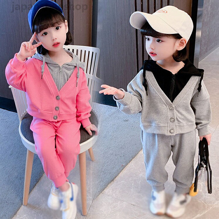 二点セット キッズ スウェット+長ズボン フード付き フェイク 子供服 女の子 ファッション きれいめ 結婚式 カジュアル おしゃれ 女児 可愛い お出かけ ピンク グレー 80-130メーカー希望小売価格はメーカーカタログに基づいて掲載しています