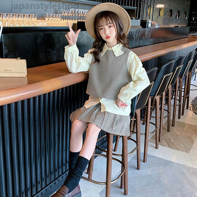 シャツ+ベスト+スカート プリーツスカート 子供用 女の子 キッズ 三点セット チェ...