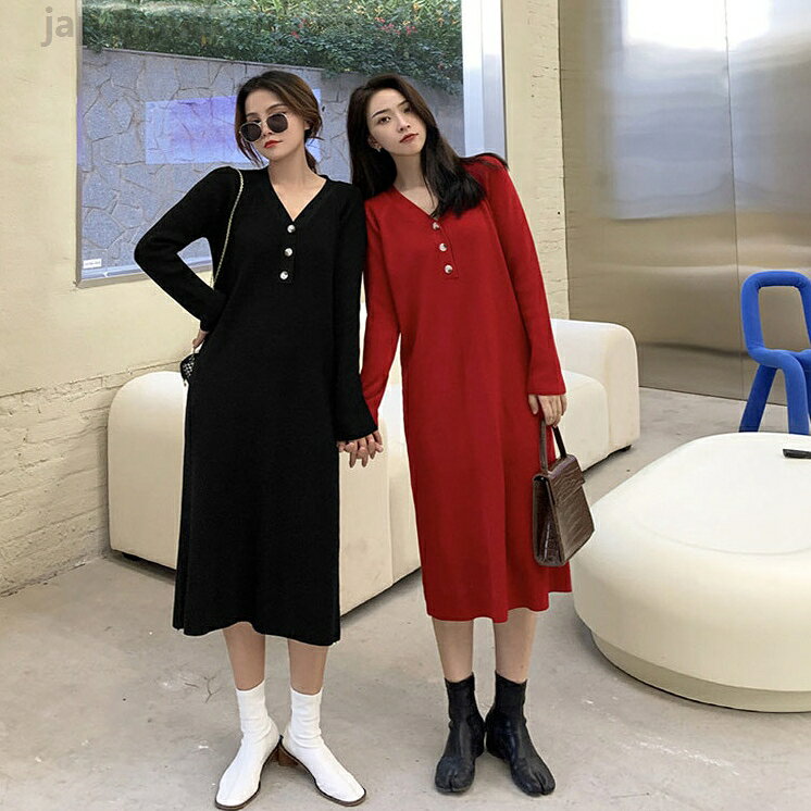 ワンピース ニット レディース 女の子 大人 Aライン デート 着やせ 同窓会 長袖 きれいめ ミモレ丈 ベーシック おしゃれ 体型カバー お出かけ パーティー 結婚式 春秋 レッド ブラック