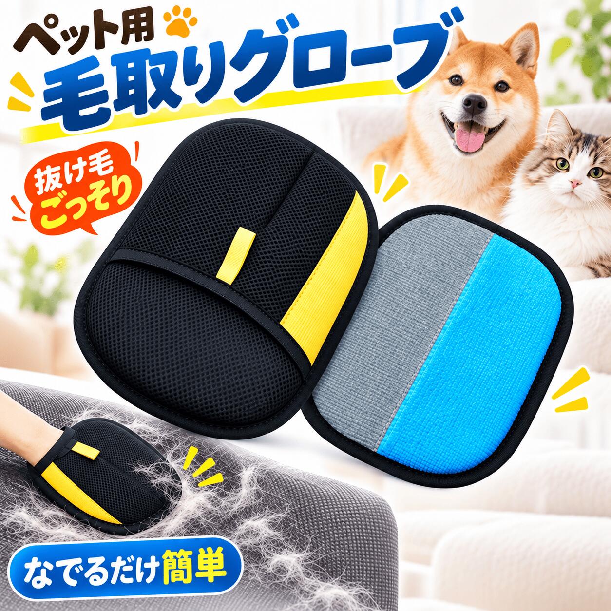 ペット用 静電気除毛手袋 毛取りグローブ 猫 犬 抜け毛取り ペットクリーナー 毛取りブラシ ソファ 衣類 カーペット 布団 掃除 ブルー×グレー 24×18cm