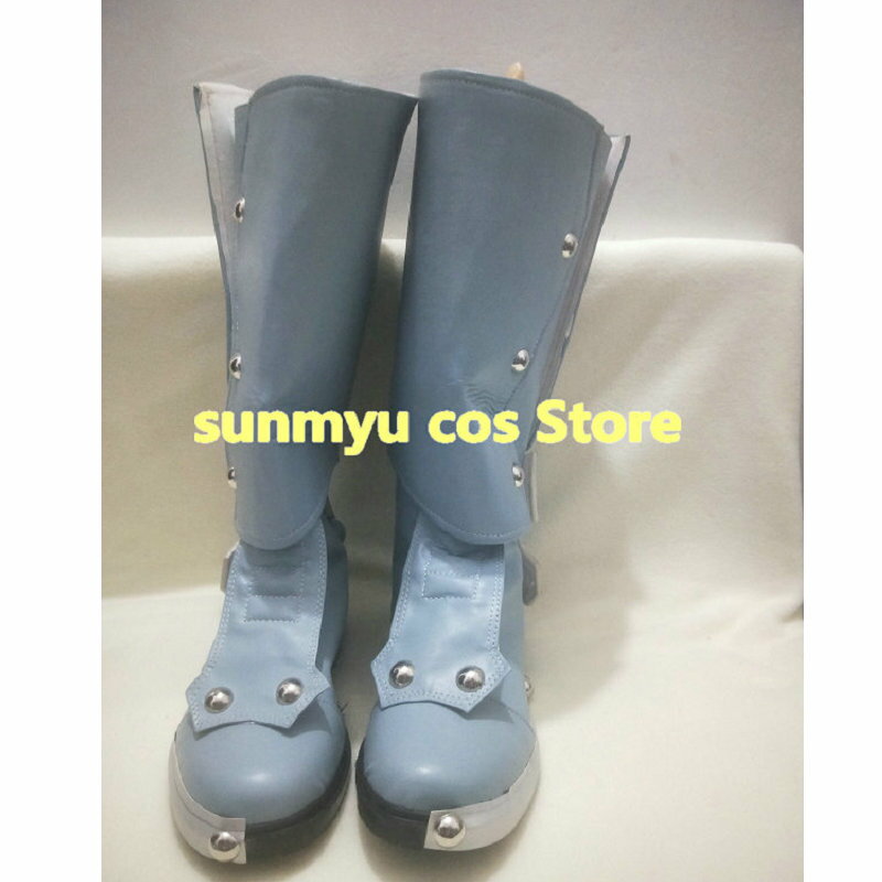ライトブルー靴 グレーっぽいブルーロングブーツ オーダーサイズ コスプレ靴