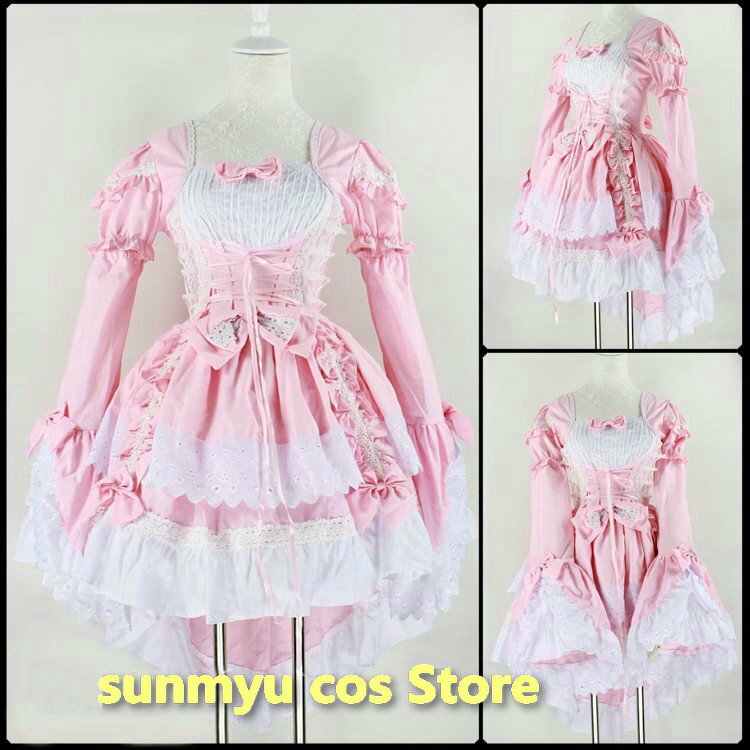 樂天商城 - ピンク　かわいいメイド服　プリンセスドレス　ロリータ コスプレ衣装 髪飾り付き