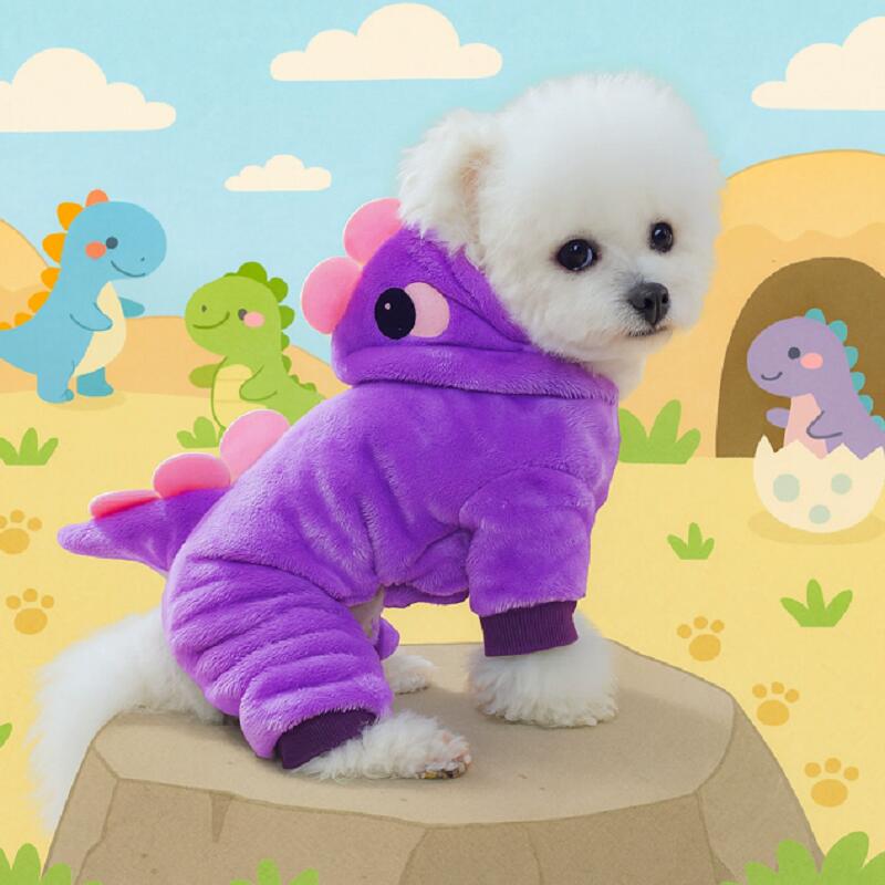小中型犬 ペット用ドッグウェア ロンパース ペット洋服 猫服 脱毛保護 お散歩 お出かけ 秋冬用 冬服 かわいい おしゃれ 暖かい犬衣類用品犬 ベロア生地　 紫＋ピンク恐竜仕様