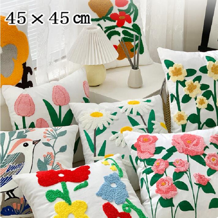 樂天商城 - 送料無料　クッションカバー 抱き枕45cm×45cm 座布団　刺繍柄 背当てカバー角型 四角 高級感 マルチカラークッションカバー 一人暮らし 北欧 新築祝い ギフト 春 花柄 コットン 母の日 プレゼント 汚れ防止 洗える 植物　小菊 欄 水仙 タンポポ　チューリップ 芯いれ