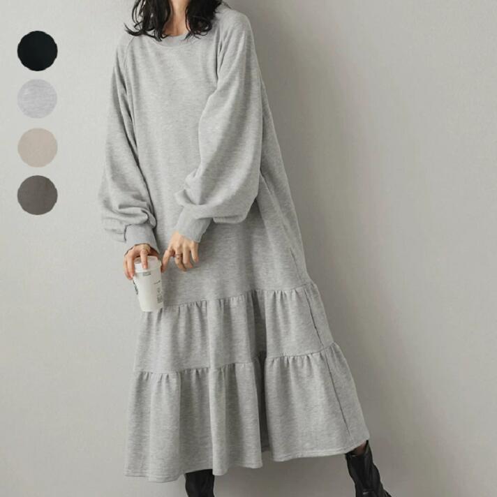樂天商城 - 大きいサイズ レディース ワンピース　長袖 ぽっちゃり ゆったり プラスサイズ かわいい　フリル　春 夏 秋 冬 ロング ワンピース 　配色 Aライン ランタン袖