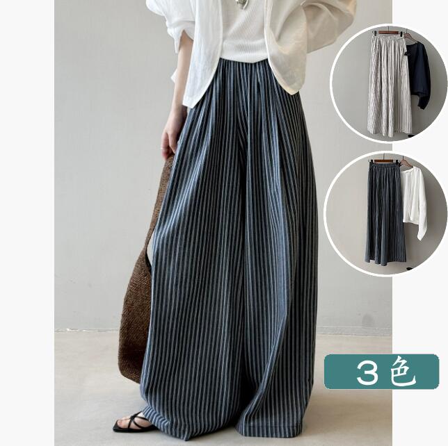 ストラップ柄 ワイドパンツ レディース ボトムス 春夏秋ズボン パンツ 綿麻 軽量 薄手 無地 ゴムウェストロング ストレート 10分丈 大人 20代 30代 40代 ダンス 通勤 オフィス OL カジュアル ゆったり 大きいサイズ
