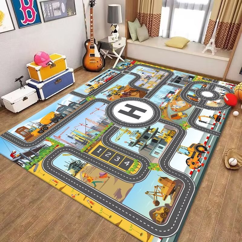 Rakuten - 子供ゲームパッド 遊びマット プレイマット ラグ 建設工事現場 トラック フロアマット カーペット 防音 防汚 キッズラグ 洗える 遊び ベビーや子供の部屋 早期教育 滑り止め おもちゃ ゲーム 保育園 幼稚園 床暖房 寝室 ベット 出産祝いショベルカー クレーン 建設機械車