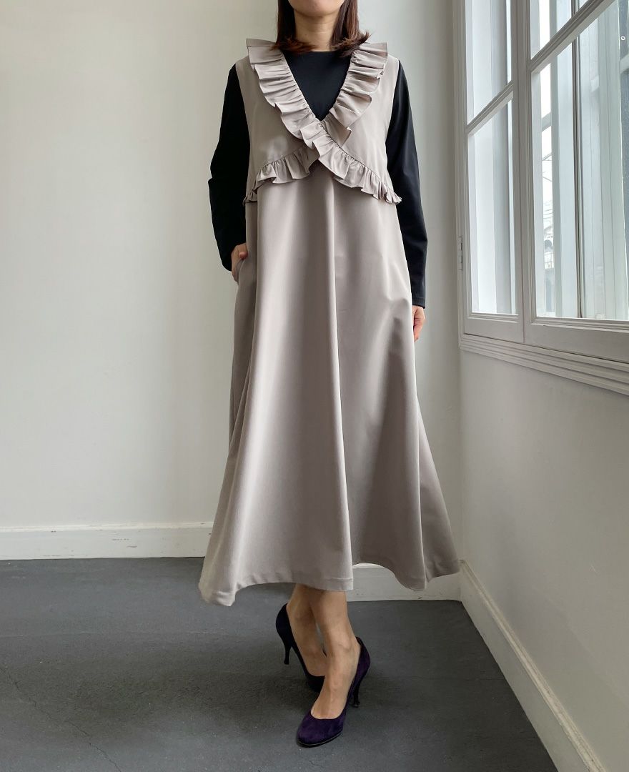 【5日限定クーポン配布中】【楽天スーパーSALE】ジャンパースカート 秋冬 ジャンスカ ワンピース レディーストレコード TRECODE ワンピース ジャンパースカート セレモニー オケージョン オフィス フリル 大人可愛い 上品 綺麗見え グレージュ ブラック 黒 春 夏