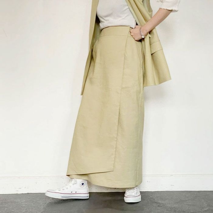 【特別価格】ロングスカート ラップ風スカート ストレート マキシ丈スカート ロング丈 タイト アシンメトリー 裏地なし 後ろゴム エント ENTO 裏地なし