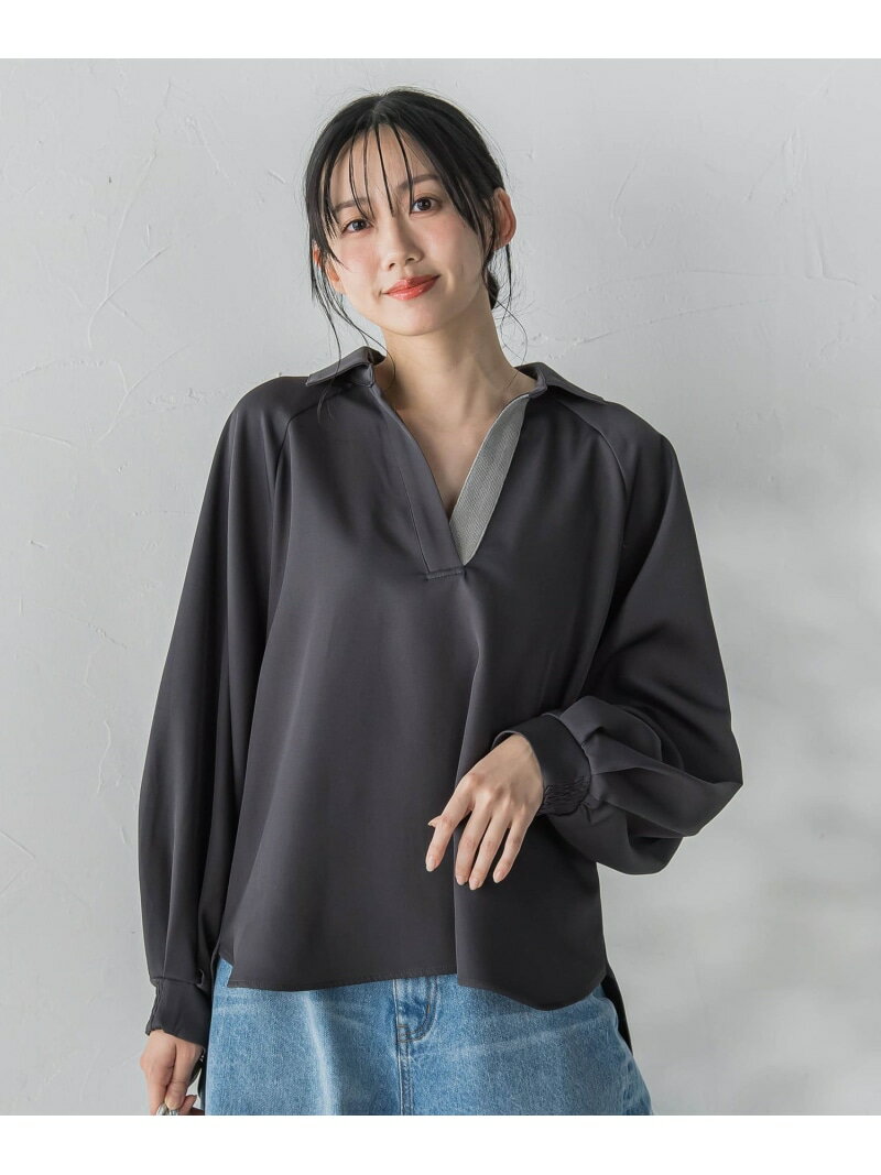 【SALE／10%OFF】【WEB限定】パウダーストレッチ合わせネックブラウス≪手洗い可能≫ Droite lautreamont ドロワット・ロートレアモン トップス シャツ・ブラウス グレー ホワイト【RBA_E】【送料無料】[Rakuten Fashion]