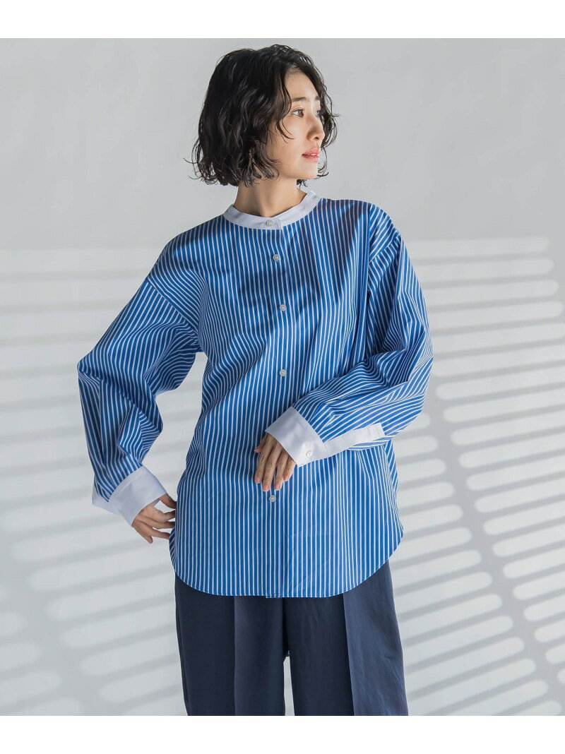 Long-Sleeved - 【SALE／40%OFF】【大きいサイズ】バンドカラーシャツ≪洗濯機で洗える≫ la.f... ラ・エフ トップス シャツ・ブラウス ホワイト ブルー【RBA_E】【送料無料】[Rakuten Fashion]