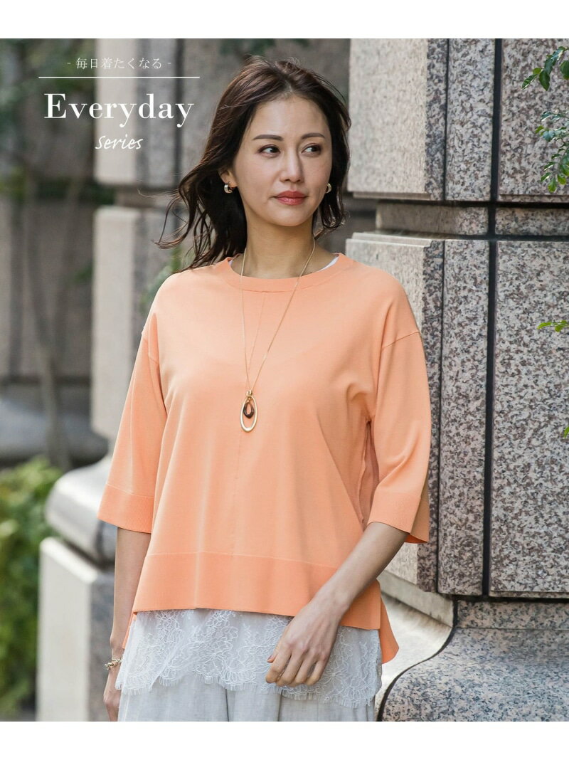 クルーネック五分袖ニット≪WEB限定サイズ11号/WEB限定カラーあり/洗える≫ LAUTREAMONT ロートレアモン トップス ニット ブラウン ベージュ グリーン ネイビー パープル オレンジ ブルー ホワイト【送料無料】[Rakuten Fashion]