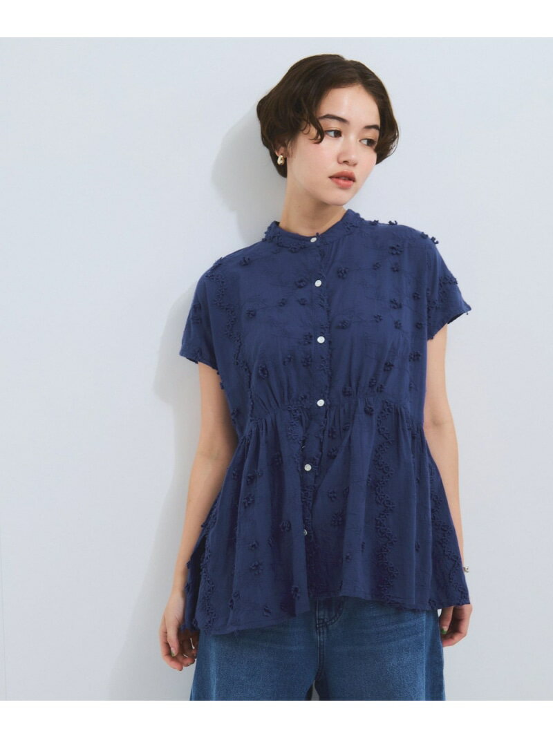 3D刺繍バンドカラーブラウス≪手洗い可能≫ VICKY ビッキー トップス シャツ・ブラウス ブルー ホワイト ブラック