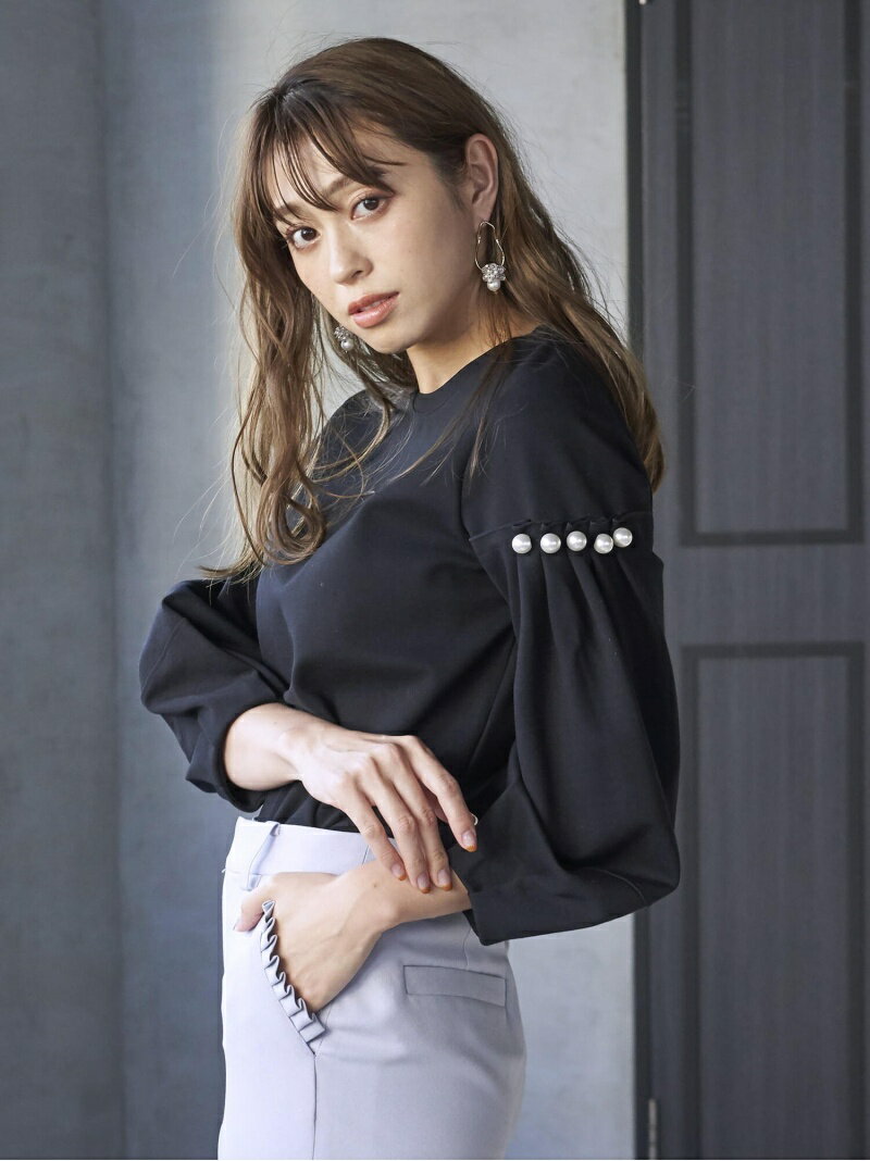 【SALE／10%OFF】袖パール付きカットソー＜手洗い可能＞ QUEENS COURT クイーンズコート カットソー Tシャツ ブラック ベージュ グレー レッド【RBA_E】【送料無料】[Rakuten Fashion]