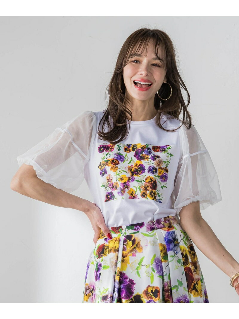 Rakuten - 【KEITA KAWASAKI * Viaggio Bluコラボ】袖チュールプリントTシャツ Viaggio Blu ビアッジョブルー トップス カットソー・Tシャツ ホワイト【送料無料】[Rakuten Fashion]