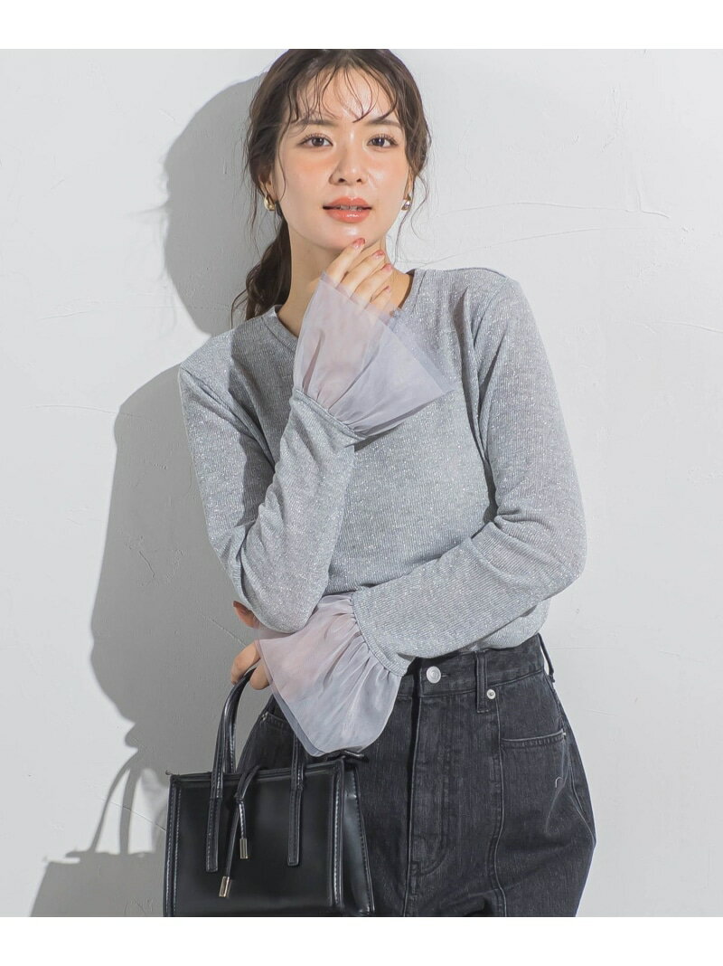 袖チュールシルバーラメ天竺トップス≪手洗い可能≫ VICKY ビッキー トップス カットソー・Tシャツ グレー ベージュ【送料無料】[Rakuten Fashion]のサムネイル