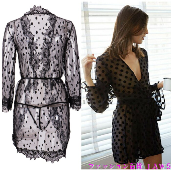 ベビードール レディース ガウン ランジェリー 下着 水玉 ドット シースルー ショーツ 帯ヒモ 3点 セット パジャマ ネグリジェ ナイトガウン ハロウィン セクシー メッシュ スケスケ レース 大人 女性 アダルト ラブグッズ ルームウェア ナイトウェア 夜 羽織 カーディガンのサムネイル