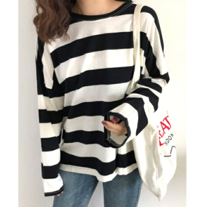 長袖 tシャツ レディース 薄手 シャツ 長t ロンt トップス カットソー 太ボーダー 大きめ ゆったり オーバーサイズ オシャレ シンプル tシャツ ロンティー カジュアル セクシー 大きサイズ リラックス カワイイ 普段 ママ 春 秋 冬 オルチャン 韓国 おうち時間 jaws1-10000678 JAWS (ジョーズ) サンプル画像2