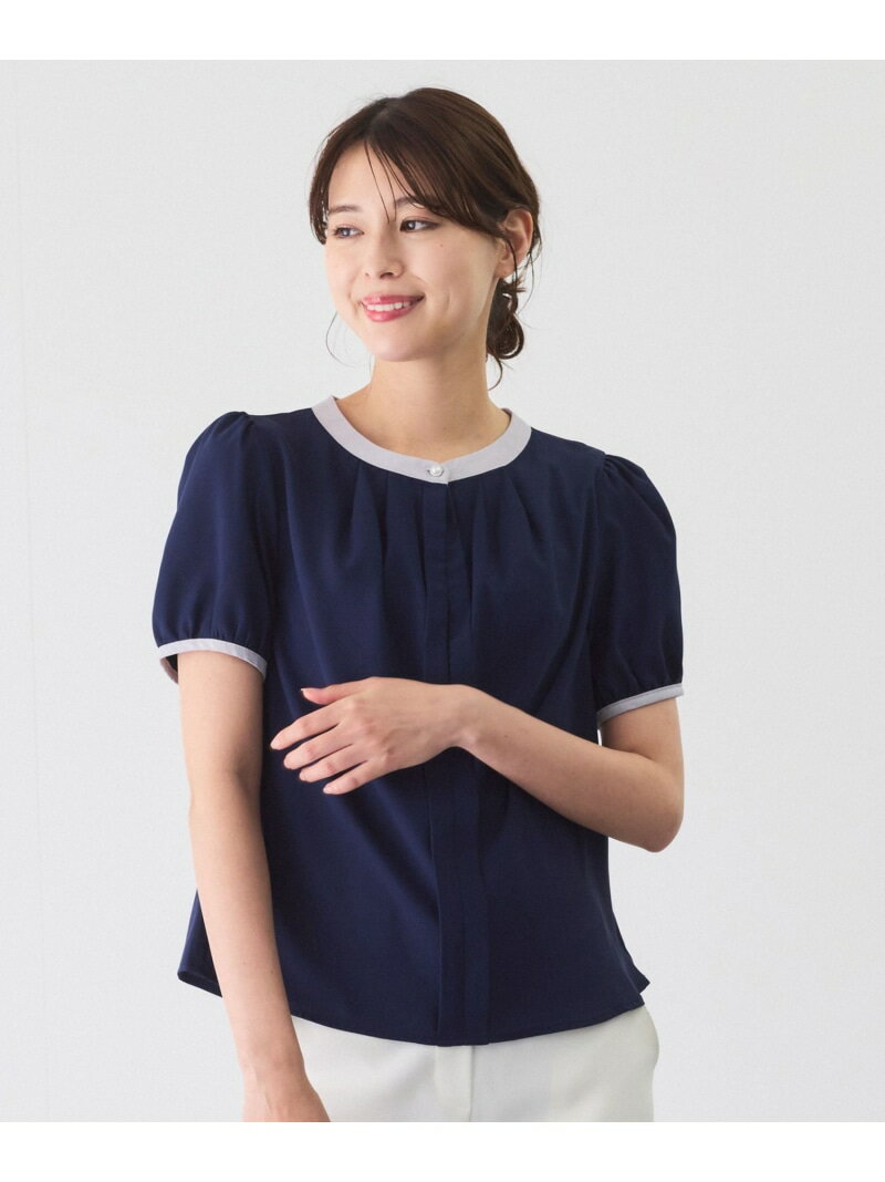 樂天商城 - 【SALE／20%OFF】バンドカラー配色パフ半袖ブラウス JAYRO ジャイロ トップス シャツ・ブラウス ブラック ネイビー ブルー ホワイト【RBA_E】[Rakuten Fashion]