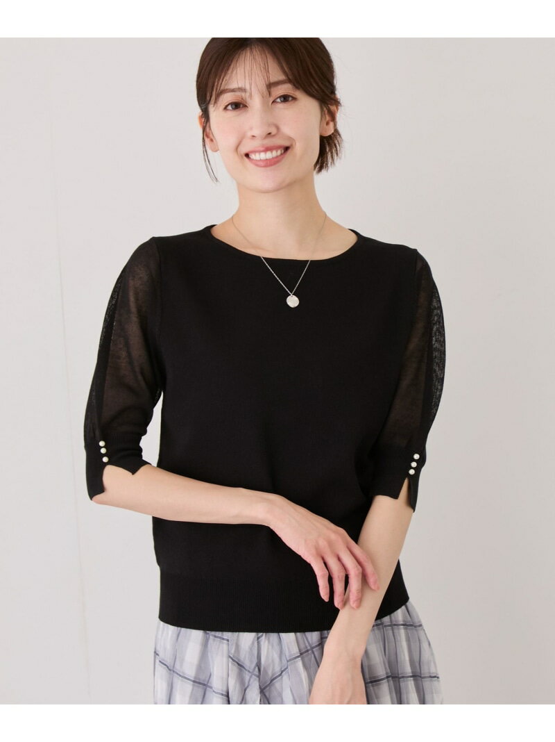 樂天商城 - 袖シアーパール付き半袖ニット JAYRO ジャイロ トップス ニット ブラック ブルー ネイビー ピンク ベージュ ホワイト【送料無料】[Rakuten Fashion]