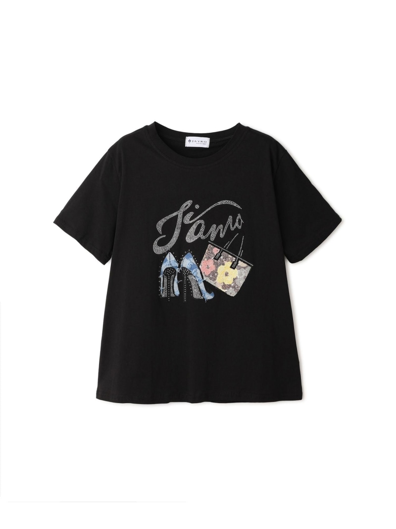 樂天商城 - ラインストーンヒール&バッグTシャツ JAYRO ジャイロ トップス カットソー・Tシャツ ブラック ホワイト【送料無料】[Rakuten Fashion]