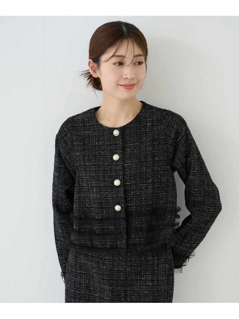 【SALE／30%OFF】チュールフリル使いツィードジャケット JAYRO ジャイロ ジャケット・アウター ノーカラージャケット ピンク ブラック..