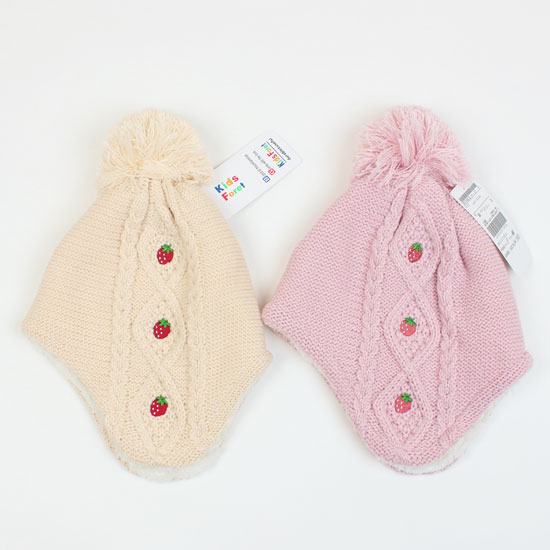 耳付きニット帽 裏ボア イチゴ 刺繍 女の子 子供用 キッズサイズ キッズフォーレ Kids Foret