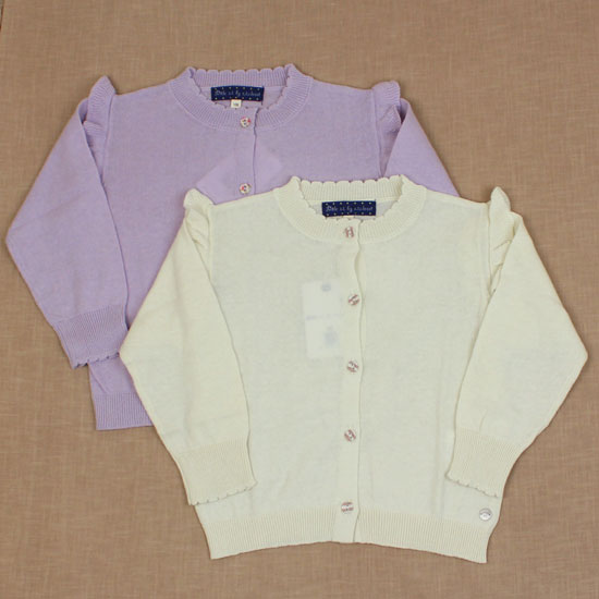 【3枚で送料無料】 綿ニットカーディガン 肩口フリル 無地 パープル アイボリー 綿100％ 女の子 キッズサイズ 子供用 S.T.クローゼット S.T.CLOSET